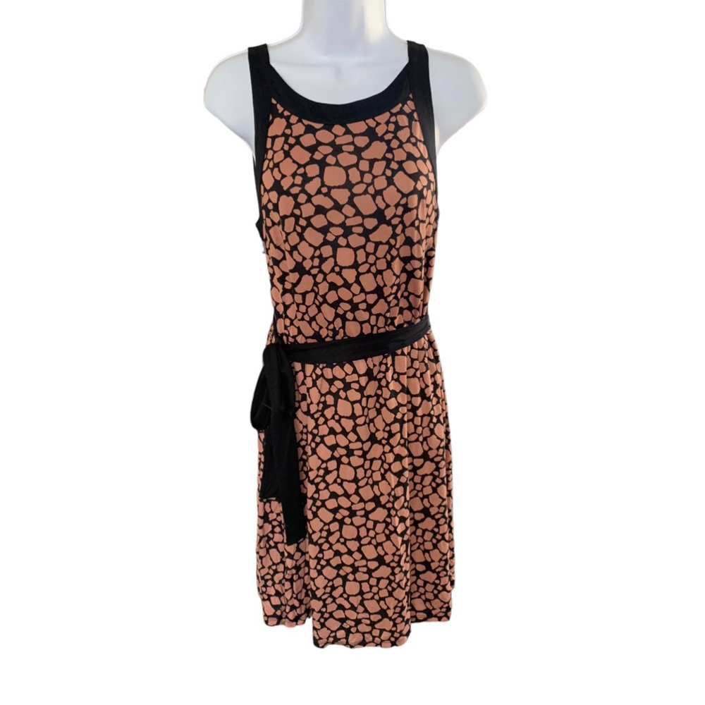Ann Taylor Loft Black Animal Print Dress Midi Tie Waist Sleeveless Size S